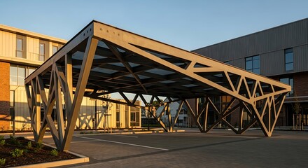 Modern Wooden Carport Structure with Unique Geometric Design.