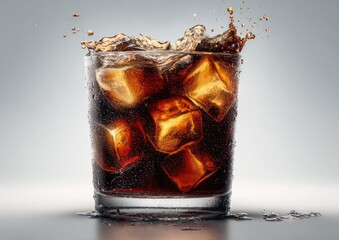 Splash of dark drink in a glass with ice