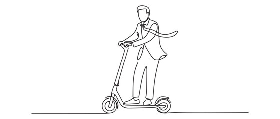 One continuous line drawing of young happy businessman ride electric scooter to go to company. Green transportation. Future urban lifestyle concept. Vector black silhouette. with white background © firoz