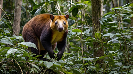 Obraz premium A tree kangaroo descends slowly toward the forest floor, moving cautiously to avoid predators.