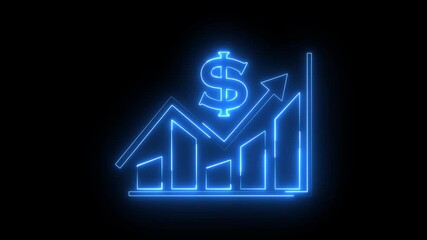 glowing neon blue color business graph with dollar sign icon animation  business report presentation growth bar chart line finance marketing us currency profit arrow on black background - Powered by Adobe
