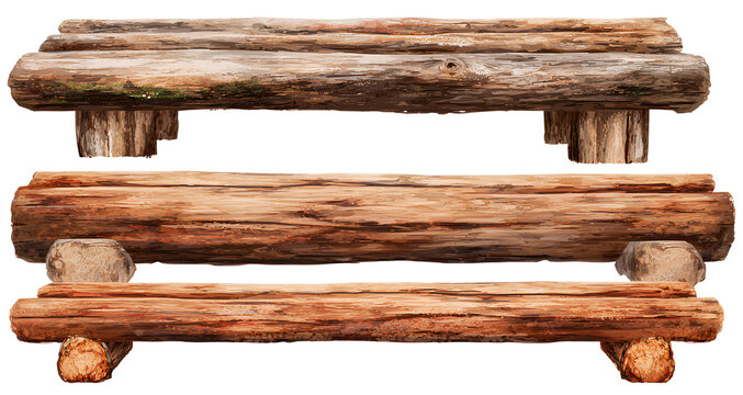  set of wooden log benches isolated on a transparent background, cutout png file