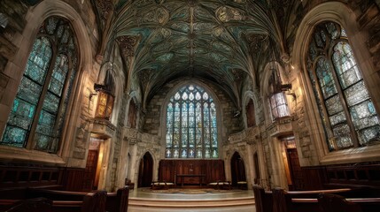 Stunning Church Interior with Beautiful Stained Glass Windows