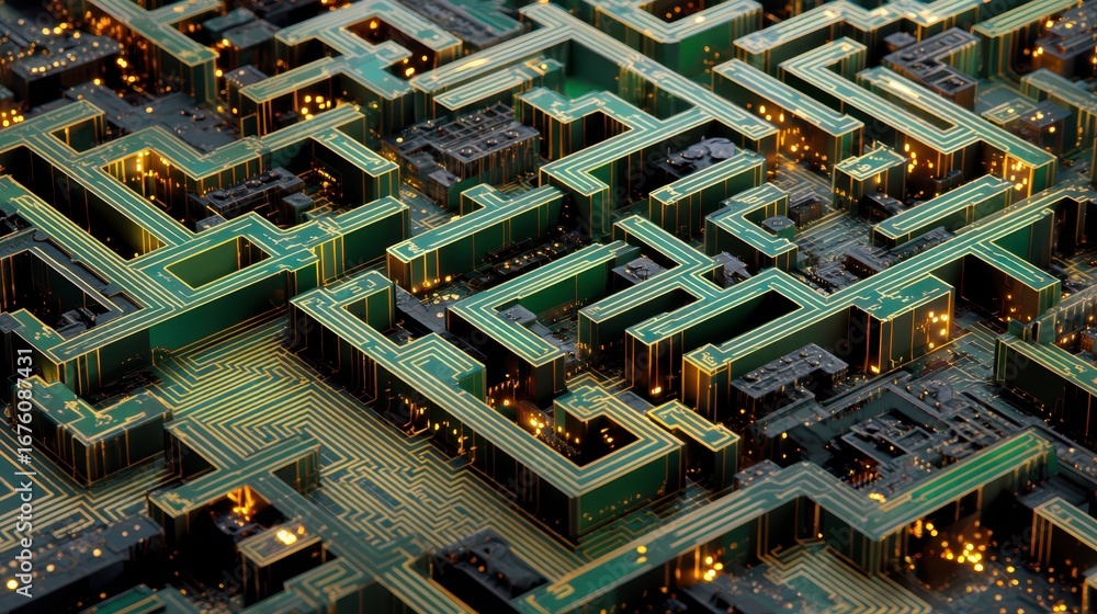 Poster intricate circuit board maze design with tech aesthetic and lighting
