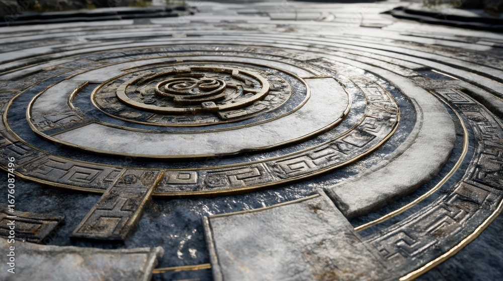 Poster ancient circular maze with intricate symbols in stone design