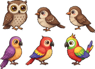 Obraz premium Colorful Cute Cartoon Birds, Owl, Parrot, Sparrow, Animal Illustrations, Tropical Birds, Beautiful Birds, Cartoon Style, Owl and Parrot Characters, Nature