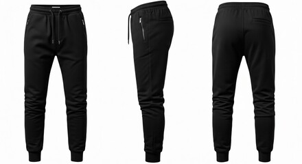 Black Jogger Pants: Front Side and Back Views on White Background.