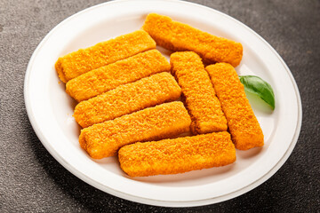 Fish stick seafood fish mince second course tasty snack fresh delicious gourmet food background on the table rustic food top view copy space pescetarian diet