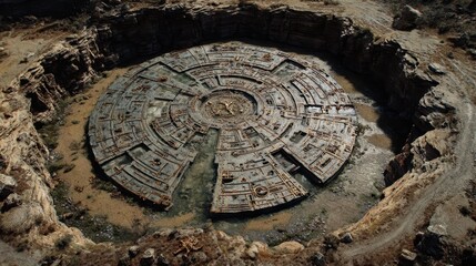 Ancient Circular Maze with Symbols in a Desert Landscape