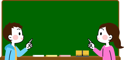 黒板を指さす子供　男の子　女の子　コピースペース