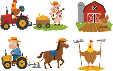 Fun Farm Animals, Tractor, Barn, Country Life, Hen, Rooster, Pig, Horse, Farming, Harvesting, Hay, Rural Landscape, Cute Farm Illustration, Barnyard Animals, Agricultural Farming Scene