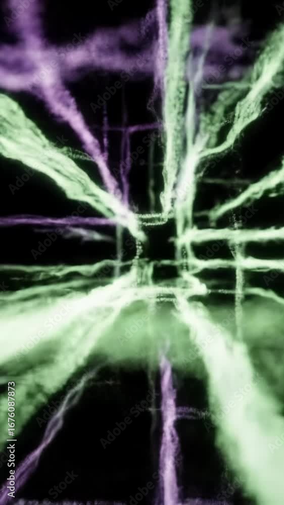 Poster high-speed fly-through pov video through an evolving digital network with neon green and purple data