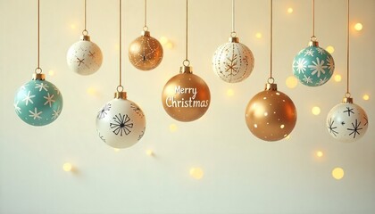 Christmas ornaments with delicate snowflakes hang gracefully on gold strings, creating a minimalist festive display.