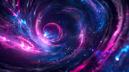 A mesmerizing cosmic particle tunnel reveals vibrant swirling energy pulsating amidst distant stars, creating a stunning display of color and light within the vastness of space