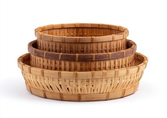 Three nested, round, light beige woven baskets