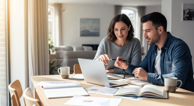 a couple doing taxes at home, working on a laptop, financial planning