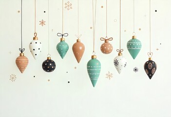 Christmas ornaments with delicate snowflakes hang gracefully on gold strings against a soft white background, creating a minimalist festive display.