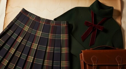 Green Plaid School Uniform with Turtleneck Sweater and Satchel | Back to School Fashion Still Life for Education, Apparel, and Lifestyle Marketing