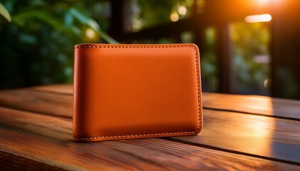 a stylish orange leather wallet placed on a wooden table with warm lighting