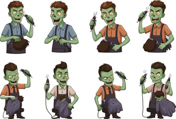 Zombie barber cartoon illustration, horror haircut scenes, spooky character design, undead hairstylist concept, vector graphic set, creepy salon action