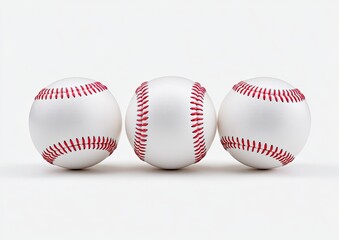 Three baseballs in a horizontal row against a white background.  Each ball is a smooth, light-gray white, with bright red stitching.  A simple, clean image of sporting equipment