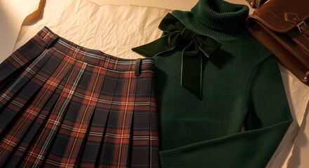 Dark Academia Aesthetic Outfit Composition | Tartan Skirt, Green Turtleneck and Brown Leather Bag for Fashion Blog, Vintage Style and Scholarly Chic Visuals