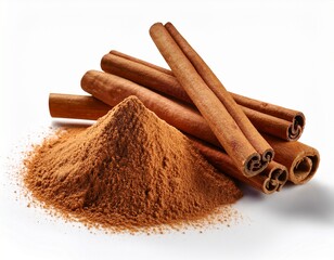 a pile of cinnamon sticks and powder isolated on a white background