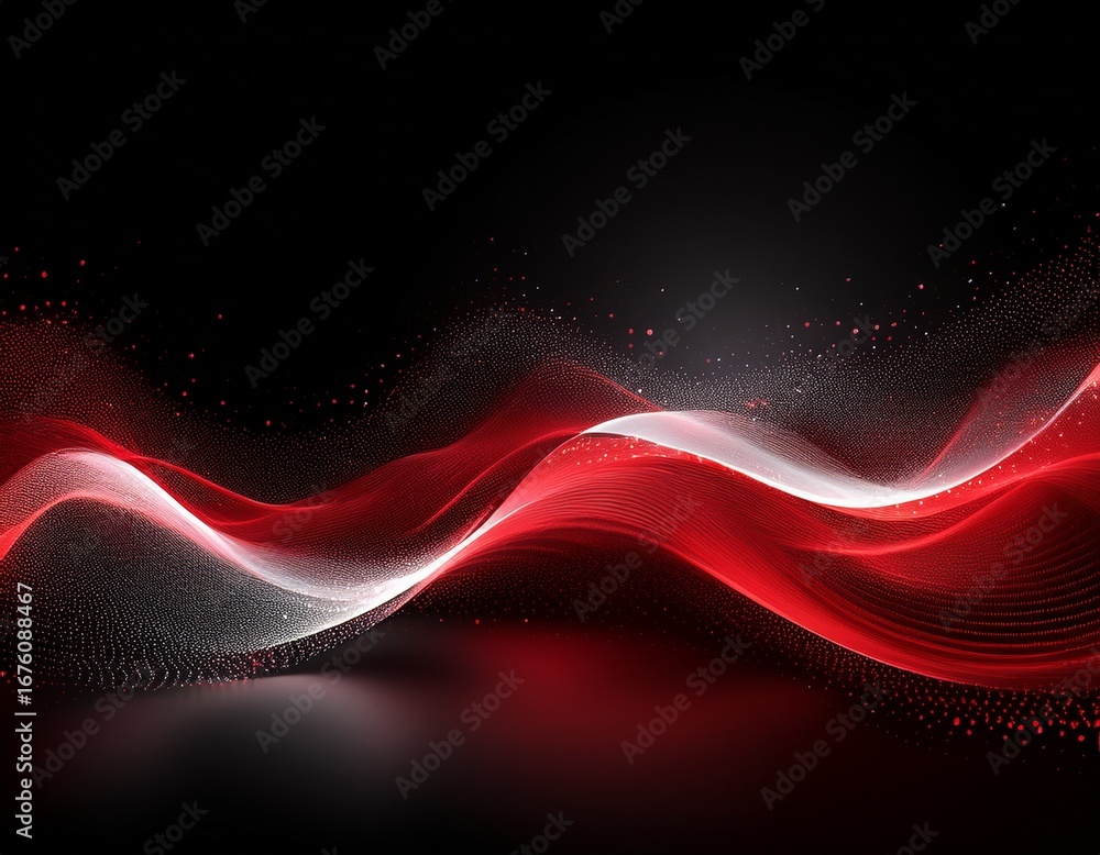 Poster abstract red and white light waves with sparkling particles on black background