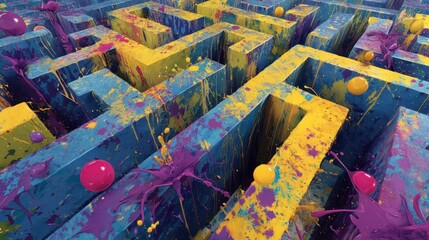 Colorful Artistic Maze with Paint Splashes in Vibrant Shades