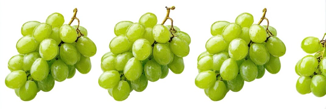Four bunches of green grapes against a white background