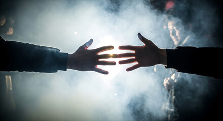 Human Hands Reaching in Dramatic Backlight and Smoke, Symbolizing Connection, Unity, and Hope
