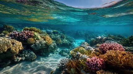 Fototapeta premium Vibrant Coral Reef Below Ocean Surface Captured in Clear Water