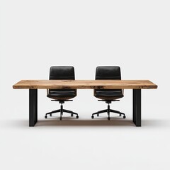Long, rustic wooden conference table with two black chairs