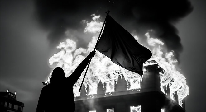 Protester holding flag against a burning building, symbolizing defiance and social unrest
