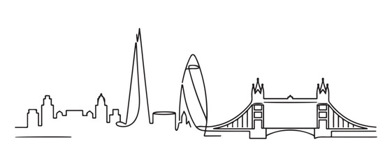 Single continuous line drawing of London city skyline. Famous city skyscraper landscape in world. World travel campaign home wall decor poster concept. Vector black silhouette. with white background
