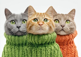 Three cats wearing knitted sweaters