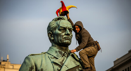 Protester placing a jester hat on a bronze statue's head, an act of defiance and symbolic mockery.