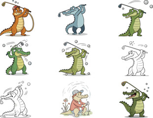 Fototapeta premium PrintFunny cartoon crocodile characters playing golf in various styles, humorous sports vector illustrations perfect for kids, entertainment, and playful animal design concepts