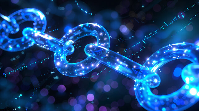 Digital currency blockchain rings display a luminous blue glow, interconnected in a vibrant network, showcasing the advanced technology and innovation within the digital finance landscape