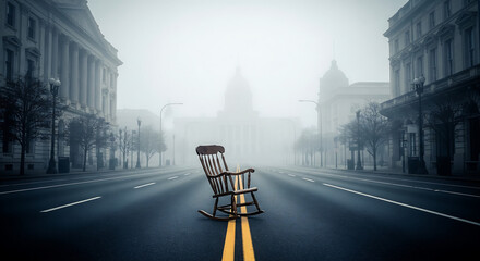 Solitary Rocking Chair on Deserted Foggy City Street