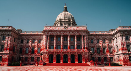 Classical Government Building Facade Splattered with Red. Political Protest and Vandalism.