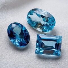 Three light-blue gemstones, oval and rectangular cuts, on a light-gray surface