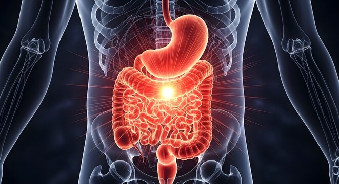 Detailed clinical anatomy illustration of gastrointestinal tract showing stomach and bowel pain concept with inflammation for healthcare science