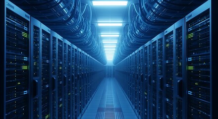 Fototapeta premium Server Room with Blue Lights and Cables.
