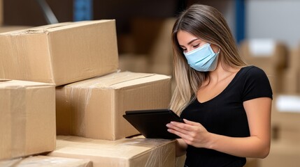 Warehouse worker checks inventory using a tablet while wearing a mask in a storage facility filled with cardboard boxes during daylight hours