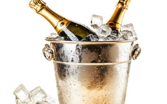 Champagne bottle in ice bucket isolated on white background, png