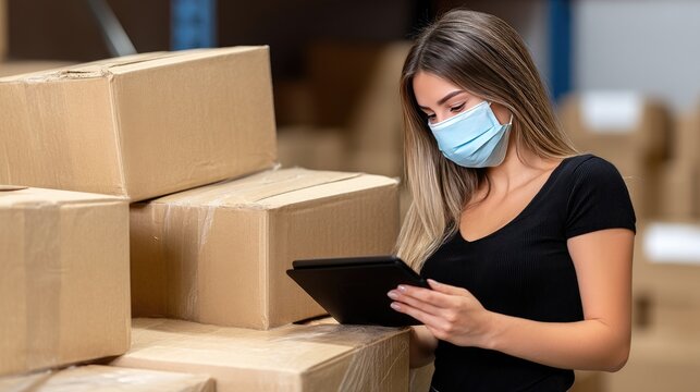 Warehouse worker checks inventory using a tablet while wearing a mask in a storage facility filled with cardboard boxes during daylight hours