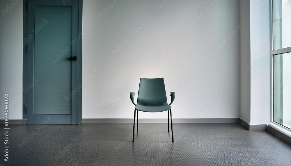 Poster clean image of empty chair positioned in center of minimalist room evoking feelings of solitude and 