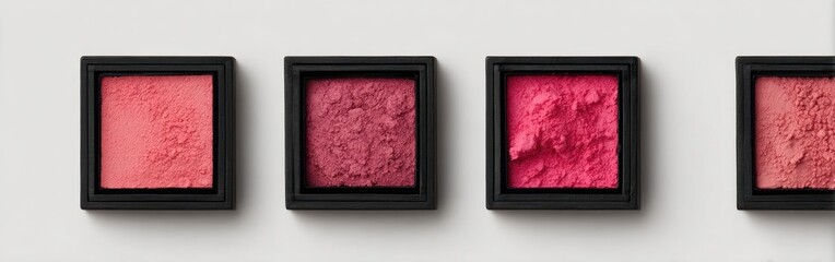 Four small, square, black containers filled with various shades of pink blush powder