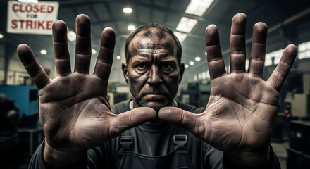 Gritty Factory Worker with Open Hands During Strike in Industrial Setting